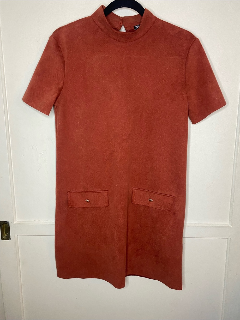 Zara Rust Red Orange Short Sleeve faux Suede pocket Dress